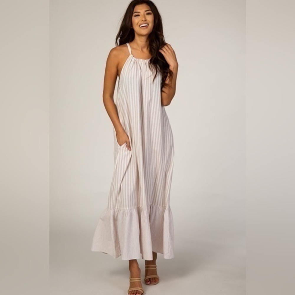 GIGIO USA Lavender Striped High Neck Sleeveless Maxi Dress